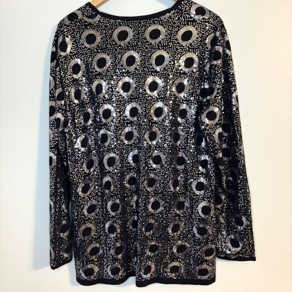 St. John Sequin Cardigan Black Silk Cashmere Merino Wool Sweater Glam XL $482 - Picture 4 of 12